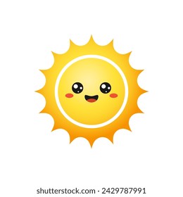 Kawaii Sonne flach Illustration. Gelbe Sonne mit lächelndem Gesicht auf weißem Hintergrund.