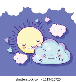 kawaii sun with happy fluffy clouds