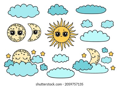 Kawaii sun and moon icons. Full moon, sun,  stars, clouds, young moon. Cute set of night icons. Night children background. Cartoon sun and moon face. Color pastel heavenly body. Bedtime stories.