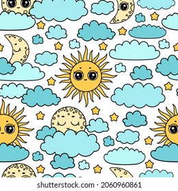 Kawaii sun and moon pattern. Full moon, sun,  stars, clouds, young moon print. Cute set of night icons. Night children background. Cartoon sun and moon face.Color pastel heavenly body.Bedtime stories