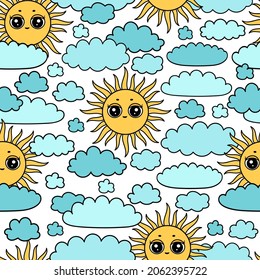 Kawaii sun pattern. Sun and clouds print. Cute set of night icons. Night children background. Cartoon sun face.Color pastel heavenly body. Bedtime stories.Kids textile background.Sun cartoon character