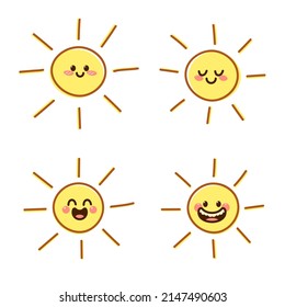 Kawaii sun with smiling faces. Set of cute vector illustrations. 