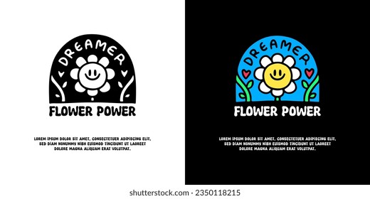 Kawaii sunflower with flower power typography, illustration for logo, t-shirt, sticker, or apparel merchandise. With doodle, retro, groovy, and cartoon style.