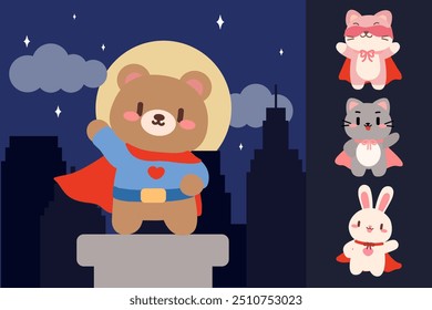 Kawaii Superhero Bear and Friends in Nighttime Cityscape. Adorable Animal Heroes: Bear, Cat, and Bunny in Capes. Kawaii Superhero Animals Ready to Save the Day.