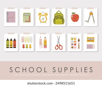 Kawaii supplies isolated set, back to school background. Vector. Colorful school supplies, cartoon vector illustration. Stationery	