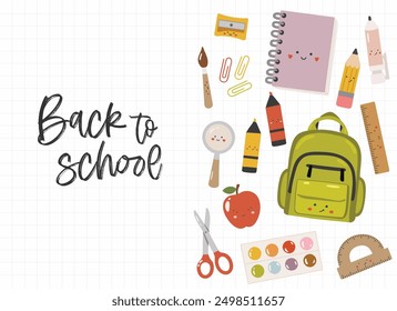 Conjunto aislado de suministros kawaii, de vuelta al fondo de la escuela. Vector. Coloridos útiles escolares, Ilustración vectorial de dibujos animados. Papelería	