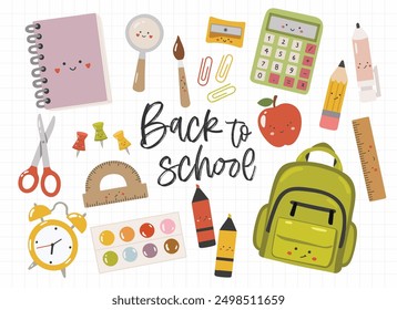 Kawaii supplies isolated set, back to school background. Vector. Colorful school supplies, cartoon vector illustration. Stationery	