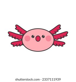 Kawaii surprised axolotl sticker. Cute flat vector pink character isolated on white background, unhappy axolotl, amphibian head.