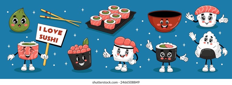 Kawaii sushi. Cartoon food characters. Manga onigiri emoticon. Japanese cuisine. Face logo. Salmon caviar. Shrimp sashimi. Asian seafood. Kitchen bowl and chopsticks. Cute meal mascots vector tidy set