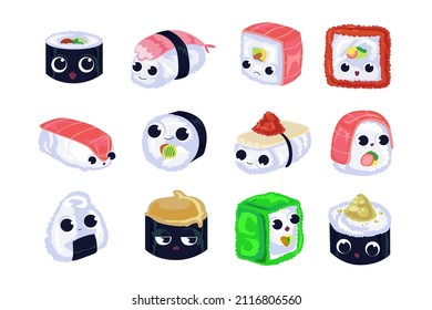 Kawaii sushi characters with faces cartoon illustration set. Seafood menu for Asian restaurant. Cute onigiri, maki rolls with shrimps, salmon and rice on white background. Japanese food concept