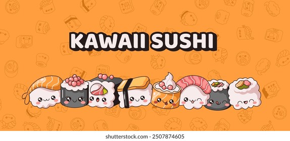 Kawaii sushi con personajes divertidos conjunto de color Vector diseño de Anuncio. Caras felices de la Plantilla publicitaria tradicional de la composición de la historieta de la comida japonesa