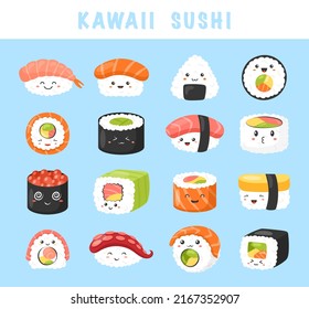 Kawaii Sushi icon. Vector set of cute sushi , rolls, nigiri, sashimi with smiling face and pink cheeks in kawaii style. Japanese asian traditional food. Happy stickers. Cartoon emoji for textile, web