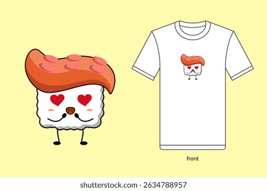 Kawaii sushi illustration vector design with T-shirt mockup. EPS 10