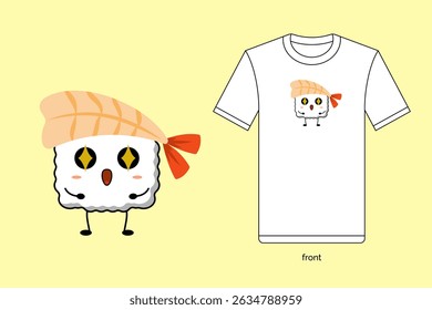 Kawaii sushi illustration vector design with T-shirt mockup. EPS 10