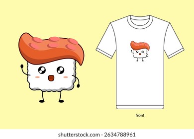Kawaii sushi illustration vector design with T-shirt mockup. EPS 10