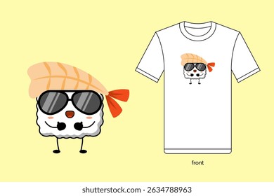 Kawaii sushi illustration vector design with T-shirt mockup. EPS 10