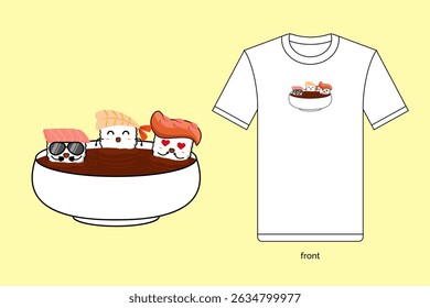 Kawaii sushi illustration vector design with T-shirt mockup. EPS 10