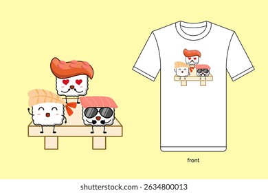 Kawaii sushi illustration vector design with T-shirt mockup. EPS 10