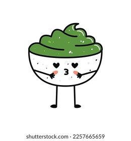 Kawaii sushi mascot in cartoon style. Cute wasabi bowl for menu. Flat asian food illustration