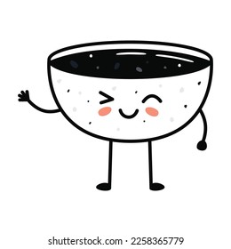 Kawaii sushi mascot in cartoon style. Cute soy sauce bowl for menu. Flat asian food illustration