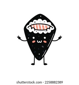 Kawaii sushi mascot in cartoon style. Cute temaki with salmon for menu. Flat asian food illustration