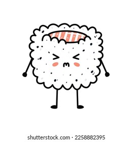 Kawaii sushi mascot in cartoon style. Cute uramaki with salmon for menu. Flat asian food illustration