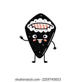 Kawaii sushi mascot in cartoon style. Cute temaki with salmon for menu. Flat asian food illustration
