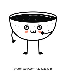 Kawaii sushi mascot in cartoon style. Cute soy sauce bowl for menu. Flat asian food illustration