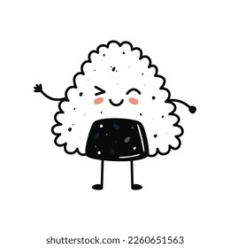 Kawaii sushi mascot in cartoon style. Cute onigiri with salmon for menu. Flat asian food illustration