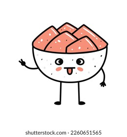 Kawaii sushi mascot in cartoon style. Cute ginger bowl for menu. Flat asian food illustration