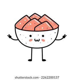 Kawaii sushi mascot in cartoon style. Cute ginger bowl for menu. Flat asian food illustration
