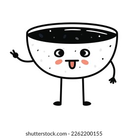 Kawaii sushi mascot in cartoon style. Cute soy sauce bowl for menu. Flat asian food illustration