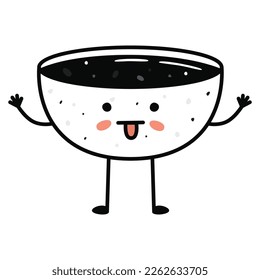 Kawaii sushi mascot in cartoon style. Cute soy sauce bowl for menu. Flat asian food illustration