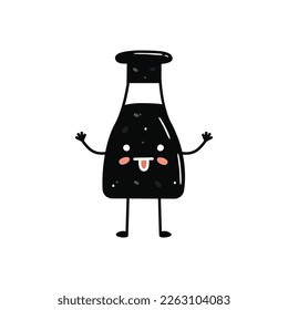 Kawaii sushi mascot in cartoon style. Cute soy sauce bottle for menu. Flat asian food illustration