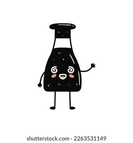 Kawaii sushi mascot in cartoon style. Cute soy sauce bottle for menu. Flat asian food illustration