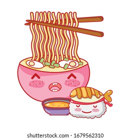 kawaii sushi ramen soup and sauce food japanese cartoon vector illustration sushi and rolls