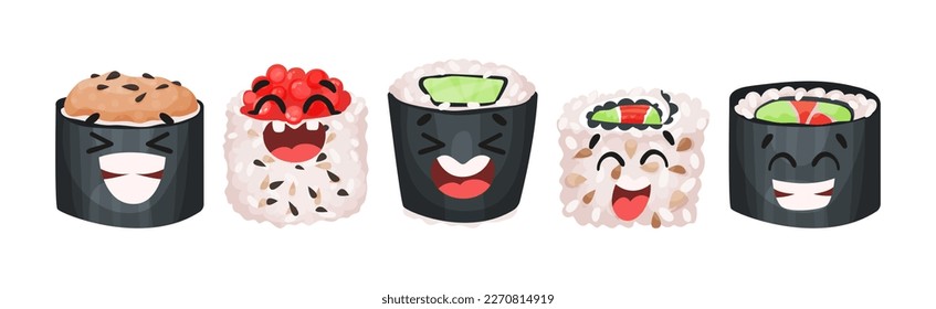 Kawaii Sushi with Rice and Fish Having Smiling Faces Vector Set