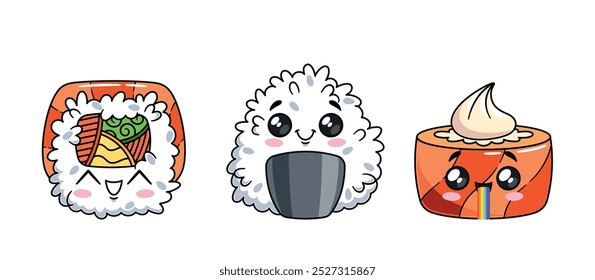 Personajes Kawaii Sushi Roll Con Caras Felices Y Lindas. Ilustración vectorial de dibujos animados presenta adorables rollos de sushi