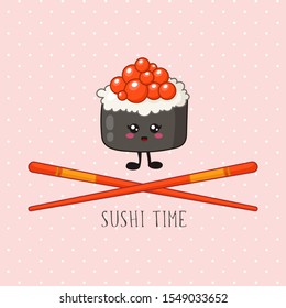 Kawaii sushi, roll and chopsticks - logo or banner, traditional Japanese or Asian cuisine and food, illustration for social networks for restaurant, bar, cartoon emoji, manga style - vector