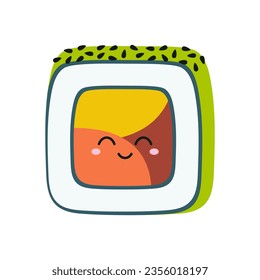 kawaii sushi roll with happy smiling face, cartoon vector illustration of uramaki character isolated on white background