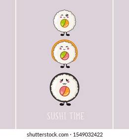 Kawaii sushi, roll - logo or banner on colored background, traditional Japanese or Asian cuisine and food, illustration for social networks for restaurant, bar, cartoon emoji, manga style - vector