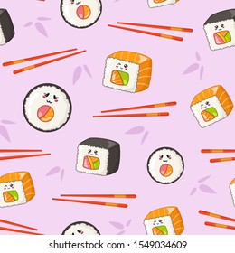 Kawaii sushi, rolls, chopsticks, bamboo leaves  - seamless pattern or background, cartoon emoji, manga style, Japanese or Asian cuisine and food isolated on white - vector for wrapping, textile