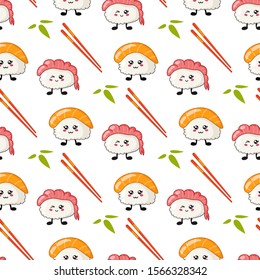 Kawaii sushi, rolls, chopsticks, bamboo leaves - seamless pattern or background, cartoon emoji, manga style, traditional Japanese or Asian cuisine and food isolated on white - vector for wrapping