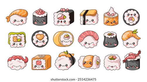 Rollos de sushi Kawaii con caras de color plano conjunto de Ilustración vectorial. Cocina tradicional japonesa. Deliciosos personajes de comida asiática en colección blanca