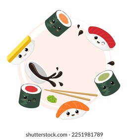 Kawaii sushi rolls and sashimi character set is rolling with soy sauce, wasabi and chopsticks in flat design