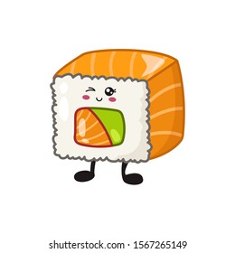 Kawaii sushi, rolls, sashimi - isolated single icon on white background, traditional Japanese or Asian cuisine and food, decoration for social networks of a restaurant or bar, cute cartoon emoji