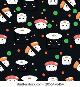 kawaii Sushi, rolls,nigiri. Japanese cartoon style. Seamless pattern
