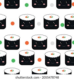kawaii Sushi, rolls,nigiri. Japanese cartoon style. Seamless pattern