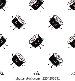 Kawaii sushi with salmon illustration. Vector flat hand drawn seamless pattern