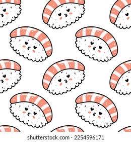 Kawaii sushi with salmon illustration. Vector flat hand drawn seamless pattern